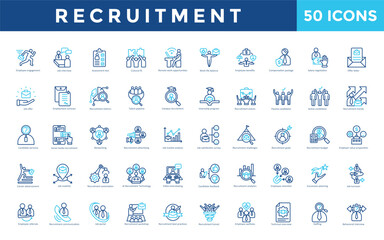 Recruitment icon set with employee engagement, job interview, assessment test, cultural fit, remote work opportunities, work life balance, employee benefits icon. Simple outline color vector 
