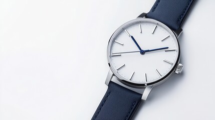 A sleek wristwatch with a modern minimalist design, placed on a clean white background with soft shadows