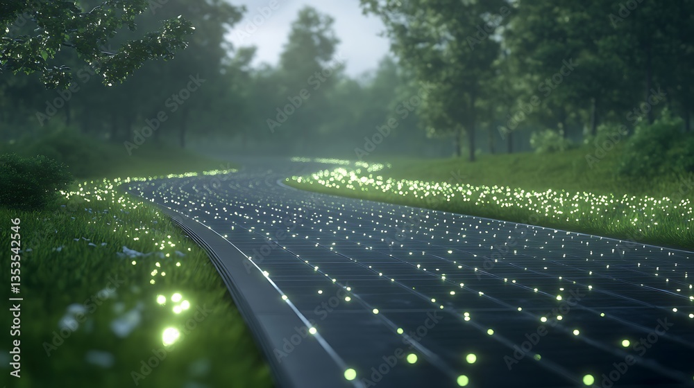 Poster a serene path lined with glowing solar panels amidst lush greenery.