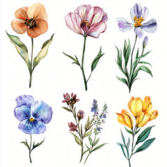 Set of watercolor flowers on a white background