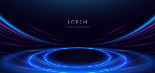 Scene futuristic neon circles glowing blue light lines with on dark blue background and lighting sparkle.