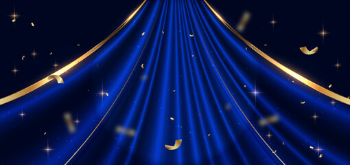 Blue curtain background. Golden confetti banner and ribbon background.