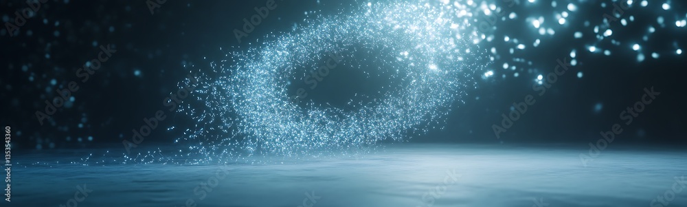 Poster Ethereal sparkles shimmer above a tranquil water surface in a dark setting.