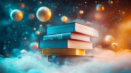 Stack of books on smoky surface with bokeh background.