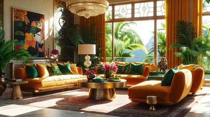 Modern living room with table and tropical outdoor view