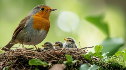 Robin Feeding Worms to Its Babies in a Nest