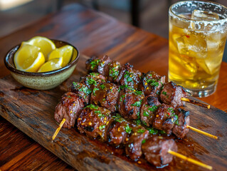 A photo of traditional barbecue beef skewers, marinated in a smoky coffee and beer sauce with herbs, on an old wooden board