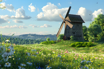 Serene Rural Landscape with Traditional Windmill under Clear Blue Sky and Rolling Green Fields