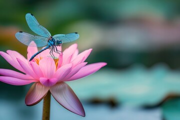 Azure Dragonfly on Pink Lotus in Water Garden