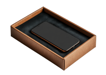 Open Brown Cardboard Box with Black Tablet Inside. Isolated on a Transparent Background