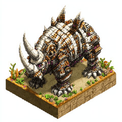 Isometric Pixel Art Stone Rhino Creature Standing on Desert Block
