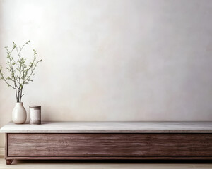 Modern home decor featuring a minimalist wooden shelf with greenery and soft lighting