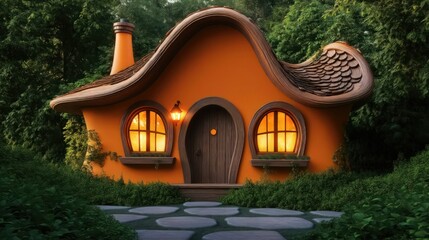 Fototapeta premium A vibrant orange fairy-tale cottage with a swirled roof, wooden window frames glowing softly, and a cozy arched entrance. 