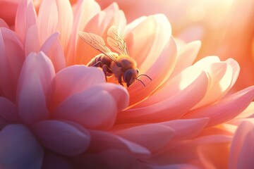 Bee on a pale pink flower at sunset