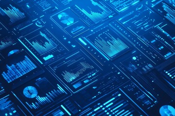 Futuristic digital dashboard with glowing blue data visualizations and charts.