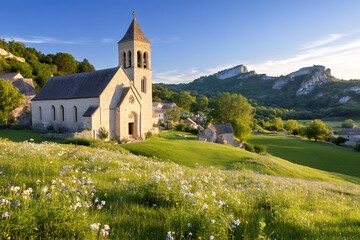 Picturesque church overlooking blooming meadow and valley , France