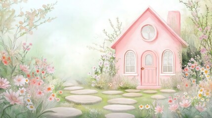 A watercolor scene featuring a cartoon pink house with a flower-filled garden, pathways made of stones, and a soft pastel background. 