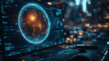 Futuristic digital data sphere visualization on computer screen with glowing orange center, technological global monitoring concept