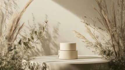Beige cake display, natural background, studio shot, elegant aesthetic, product showcase