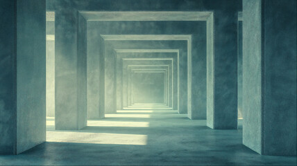 Minimalist concrete corridor with symmetrical columns and perspective lighting, modern geometric architectural interior