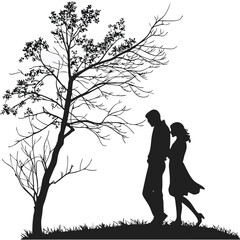 Romantic couple silhouette walking in the park, vector illustration