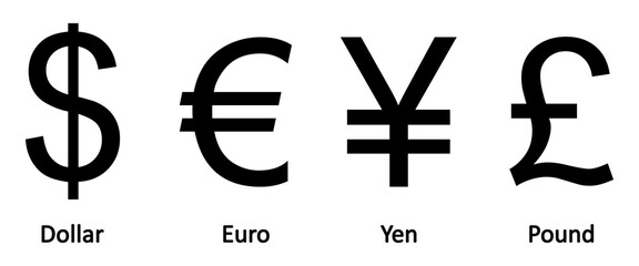 Currency symbols. set of currency symbols dollar, euro, pound, yen. set of currency symbols vector with white background. Currency, symbols, vector.