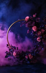 Obraz premium A floral wreath of roses is framed by a golden circle