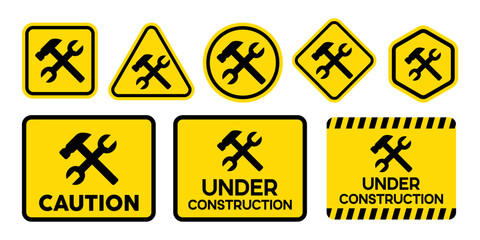 Collection set vector of under construction sign, men at work sign, road works sign, caution sign, in black and yellow design.