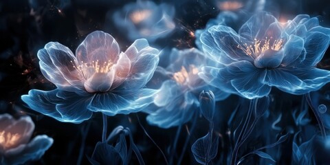 A surreal floral composition with glowing, mystical flowers in dark tones