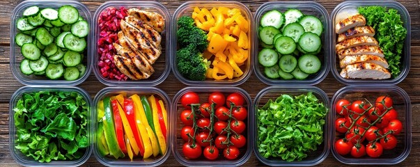 A colorful arrangement of healthy meal prep containers filled with fresh vegetables, grilled chicken, and greens, showcasing a nutritious lifestyle choice, Vegan Meal Prep .