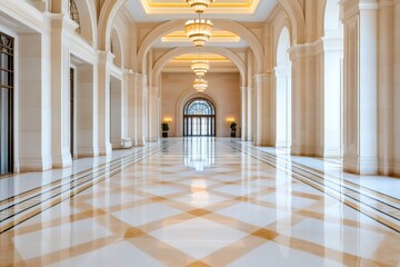 Fototapeta premium Luxurious marble corridor with columns and chandeliers illuminating the entrance