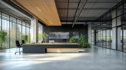 Modern corporate office reception lobby with wooden desk and indoor plants, contemporary professional business interior design