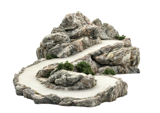 Curved Stone Walkway Leading Through a Hilly Landscape. Isolated on a Transparent Background