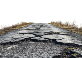 Broken and Uneven Asphalt Road with Large Cracks. Isolated on a Transparent Background