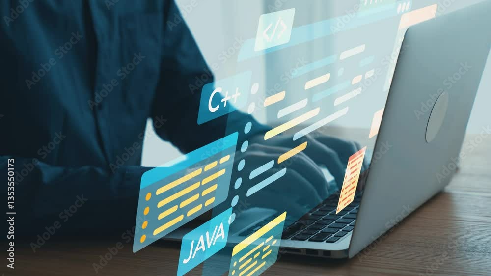 Fototapete Programmer Using Laptop with Code and Programming Language Symbols Representing Software Development and Technology in Modern Workspace. Qubit.