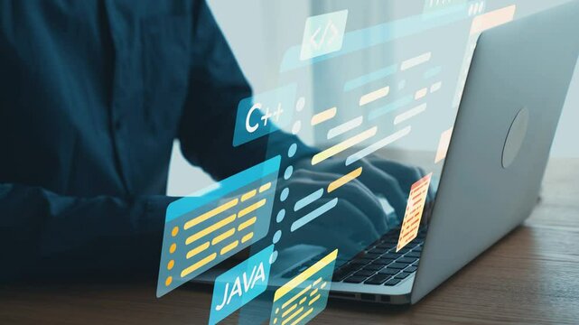 Programmer Using Laptop with Code and Programming Language Symbols Representing Software Development and Technology in Modern Workspace. Qubit.