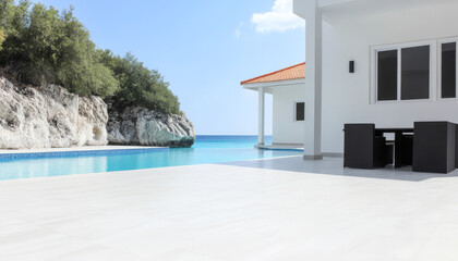 Luxurious seaside villa with infinity pool and ocean view during bright sunny day