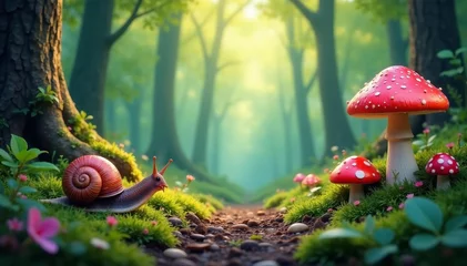 Wanddecoratie Bosdieren Colorful forest scene with snails and mushrooms in a fairytale-like setting, woodland, animals, enchanted  © Ampere
