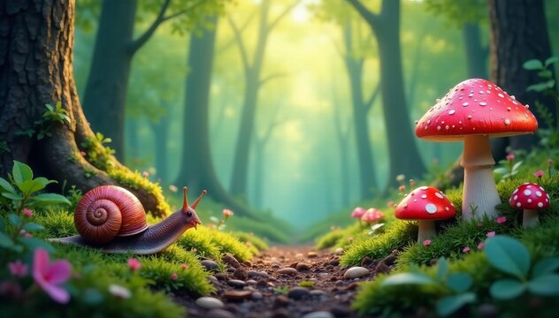 Colorful forest scene with snails and mushrooms in a fairytale-like setting, woodland, animals, enchanted