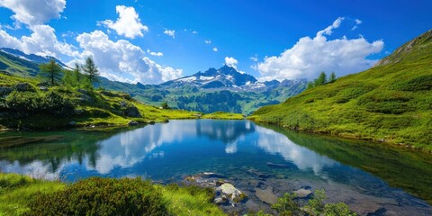 Obraz premium A tranquil alpine scene with lush greenery and crystal-clear lakes
