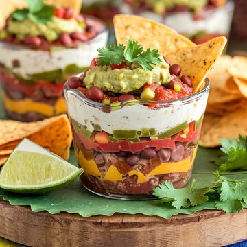 Seven layer dip in individual cups, mexican appetizer with refried beans, salsa, guacamole