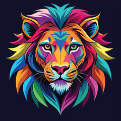 Obraz premium Close up of colorful lion face drawing vibrant vivid colored t-shirt design vector illustrations. Spectrum-spotted lion fierce beauty