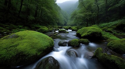 Obraz premium Lush mountain stream flowing through mossy rocks