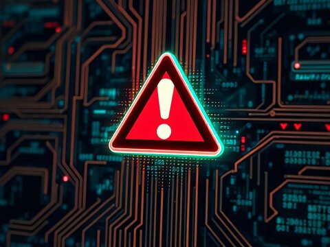 Close up of circuit board with warning sign indicating system overload, showcasing intricate electronic components and connections