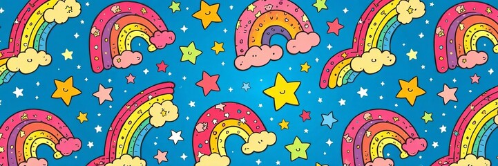 Colorful rainbow and star doodle seamless pattern for kids' products, colorful, seamless, kids