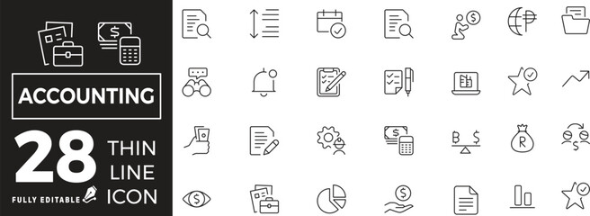 Accounting Icon set of web and mobile in thin line style. Accounting and audit Icons & Symbols Containing finance report and audit, invoice, tax return and more