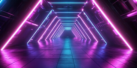 A vibrant neon tunnel with glowing lines and reflections, creating a sci-fi atmosphere