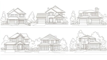 Four-family homes in a neighborhood, architectural line drawings