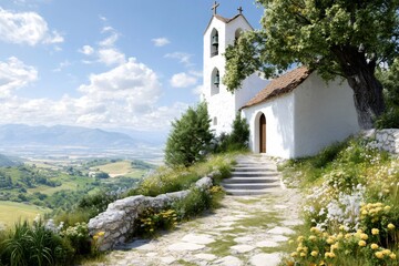 Naklejka premium Picturesque white chapel overlooking stunning valley landscape