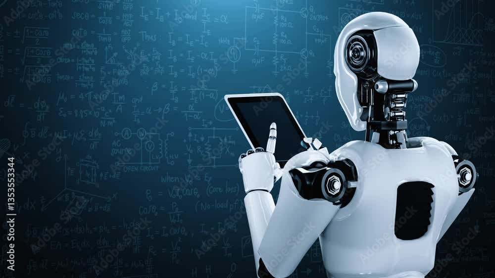 Poster robot hominoid using tablet computer for engineering science studying using ai thinking brain , arti